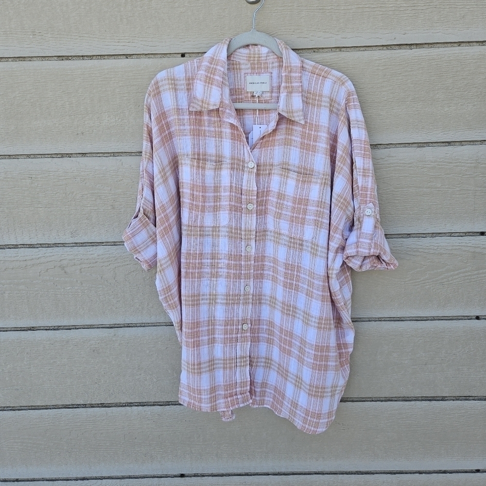 NWT American Eagle oversized plaid roll tab sleeve button front shirt small